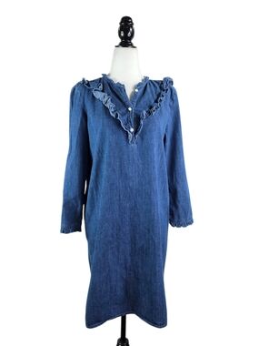 Pablo French Ruffled V-Neck Long Sleeve Denim Dress - midwashed indigo